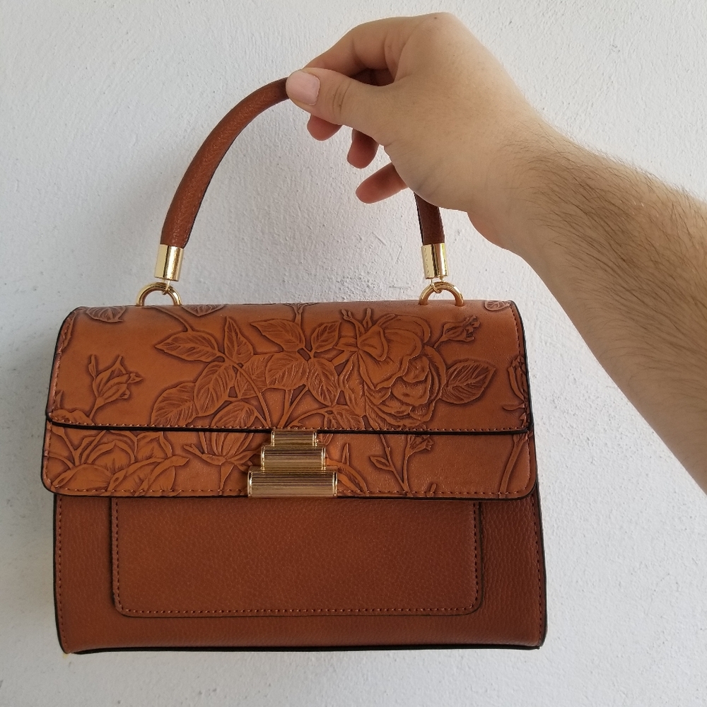 Elegant Brown Floral Embossed Handbag